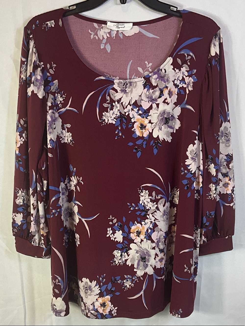 Beacon Apparel 3/4 Length Puff Sleeve Floral Burgundy Blouse Size 2X New